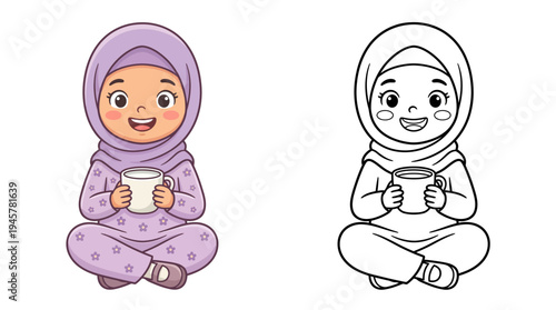 Adorable young girl in cozy pajamas holding a warm cup of drink while sitting cross-legged, wearing a pastel purple headscarf