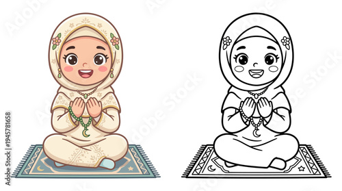 Adorable cartoon girl dressed in traditional prayer attire sitting peacefully on a prayer mat