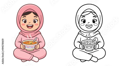 Adorable cartoon girl in hijab happily holding a steaming bowl of food with a joyful expression and vibrant pink attire in a