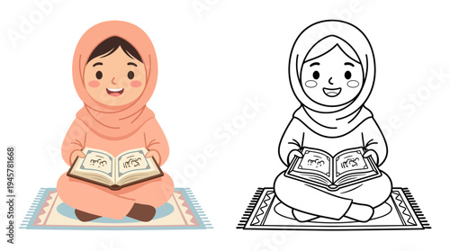 Adorable young girl in hijab reading a storybook while sitting cross-legged on a prayer rug in a peaceful setting