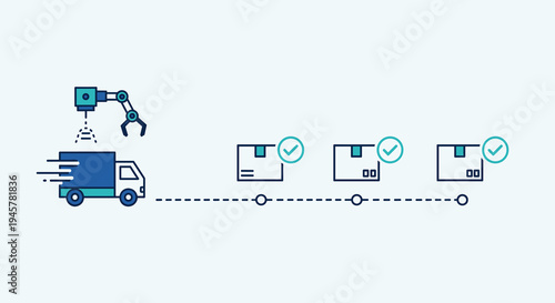 A robotic arm loads packages onto a blue delivery truck with a dotted line connecting to three checked boxes.