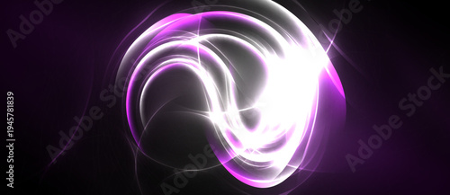 Bright abstract swirls, luminous energy flows. Purple, white light creates dynamic visual effect. Dark background emphasizes glowing forms.