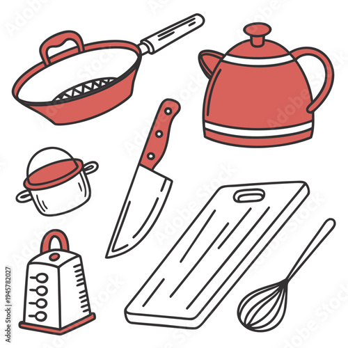 Kitchen cookware utensils icon set - home cooking tools