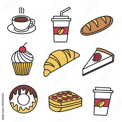 Assorted pastries and coffee drinks flat design icons