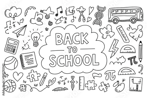 Back To School Doodle Collage With Icons And Text Black And White Line Art