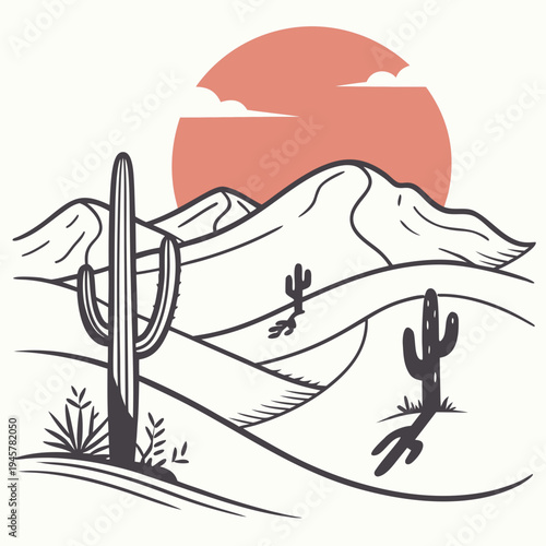 Desert landscape with cacti and mountains line art