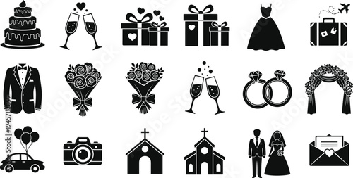 Large Set of Black Wedding Silhouettes Including Bridal Dress Rings Cake Flowers Church and Groom Icons Isolated on White Background for Marriage Celebration and Design Illustration