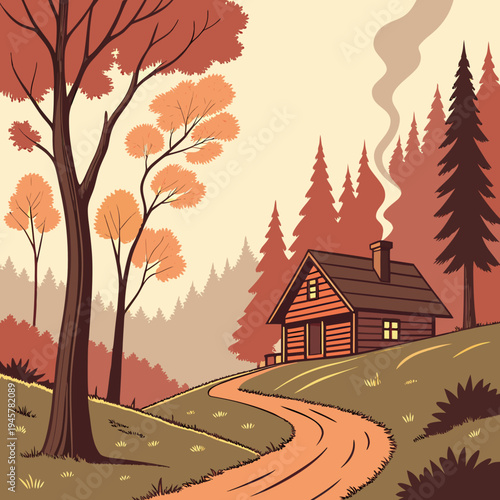 Log cabin in red forest autumn landscape art with cabin life