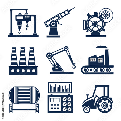 Industrial and manufacturing icons set dark blue
