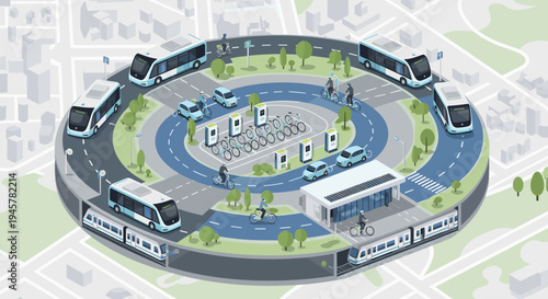 A circular smart city hub features buses, cars, bikes, and trains.