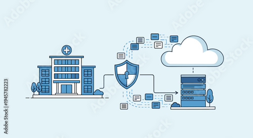 A hospital connects securely to cloud storage and a server rack.
