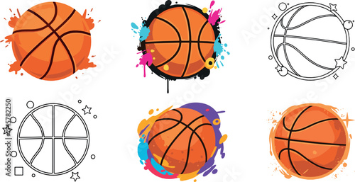 Basketball ball icons collection with splash paint effects and line art styles, sporty basketball symbol set for sports design and game graphics