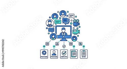 A computer monitor displays a user profile surrounded by communication icons.