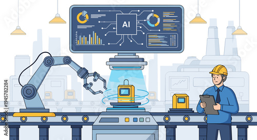 A robotic arm places a box on a conveyor belt in a factory.