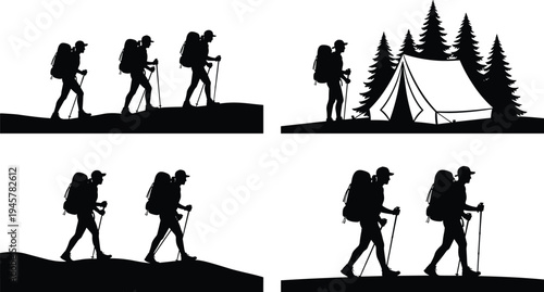 Hiking and camping silhouettes collection showing backpackers trekking on mountain trails and camping in forest with tent, outdoor adventure travel isolated on white background