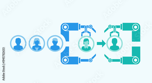 Robotic arms transform blue user icons into green user icons in a workflow.