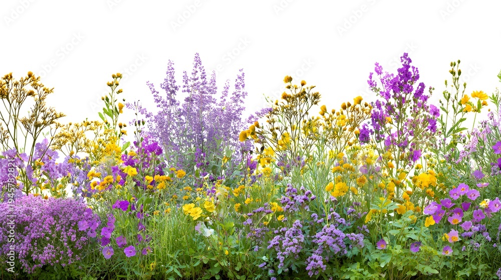 Naklejka premium Vibrant Wildflower Meadow in Full Bloom with Purple and Yellow Hues.