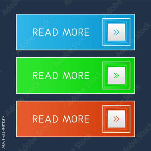 Modern CTA button set, "Read more" text, 3D effect, web UI element for landing pages, mobile apps or banners.