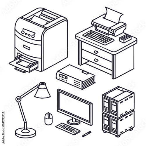 Isometric office supplies: printer, computer, lamp, server