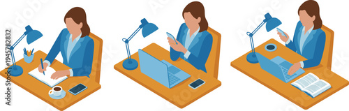 Businesswoman working at desk set, writing notes using laptop smartphone studying office workspace productivity isometric vector illustration