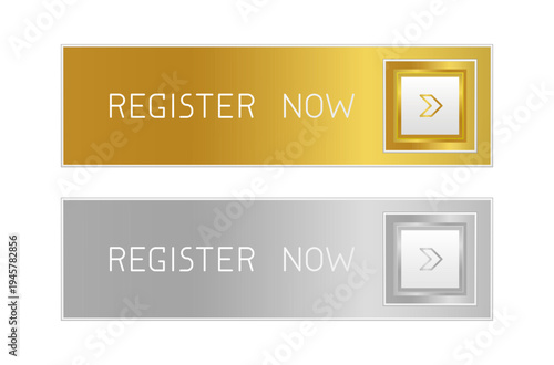 Modern CTA button set, "Register now" text, 3D effect, web UI element for landing pages, mobile apps or banners.