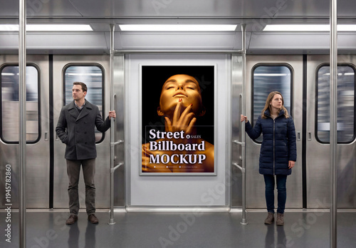 Subway Commuters Near Vertical Ad Mockup
