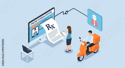 Online consultation, woman with tablet, and man delivering by scooter.