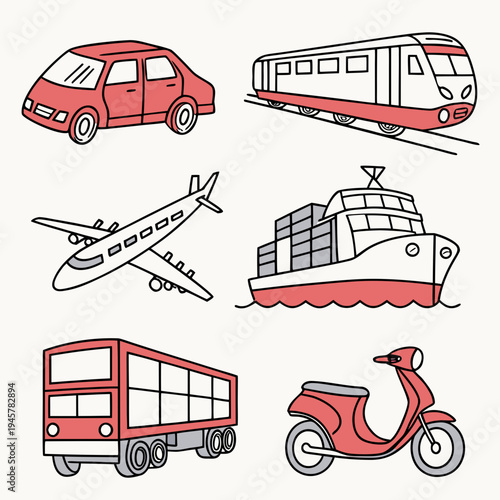 Diverse transportation icons: car, train, airplane, ship, bus