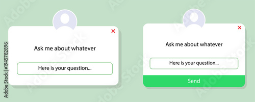 Interactive pop up window with user icon and close button. Question input and send button for interaction. Digital interface design.