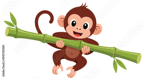 Cute cartoon monkey holding a bamboo branch.