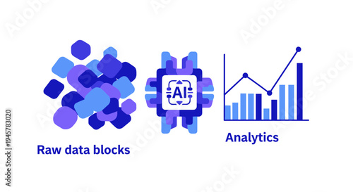 A stylized illustration displays Raw data blocks, an AI processor icon, and a bar chart labeled Analytics.