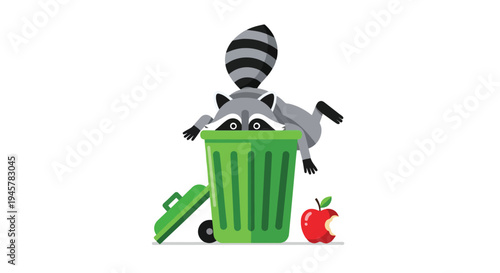 Funny Raccoon Digging Through Green Trash Can.