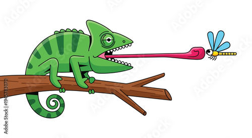 Green Chameleon Hunting Dragonfly with Long Sticky Tongue.