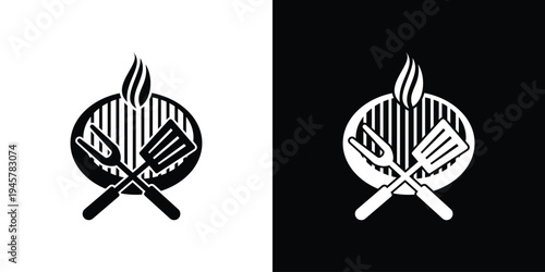 Barbecue Grill Logo with Crossed Utensils and Flame Symbol.