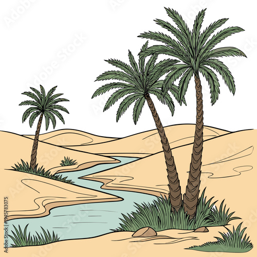 Cartoon desert oasis with tall palm trees and winding river vector art