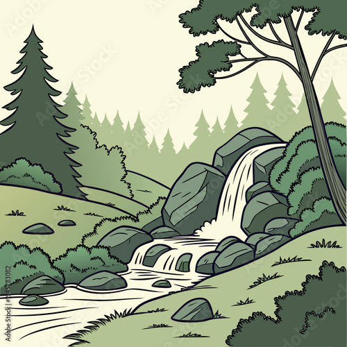 Cartoon waterfall forest landscape illustration