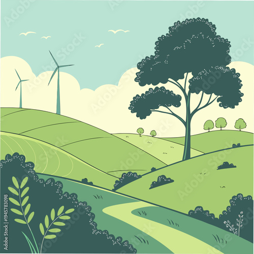 Green hills landscape with wind turbines and lone tree illustration