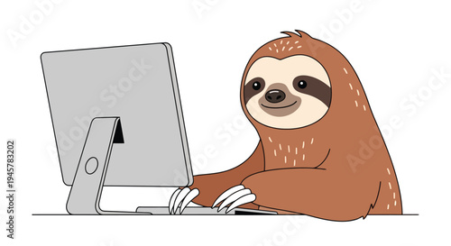 Cute Sloth Working on a Computer with a Smile.