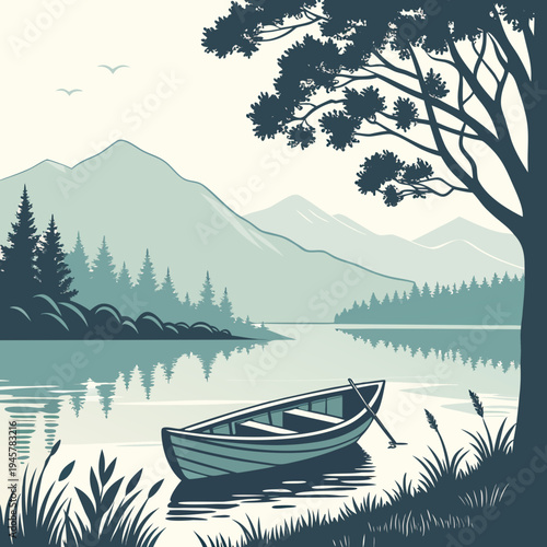 Serene lake landscape with rowboat and mountains