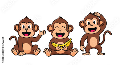 Three Cute Cartoon Monkeys Posing Together.