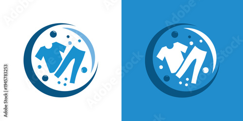 Laundry service logo with clothes inside a blue circle.
