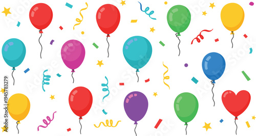 Festive arrangement of colorful balloons and confetti with heart and round shapes for party celebration and vector design projects