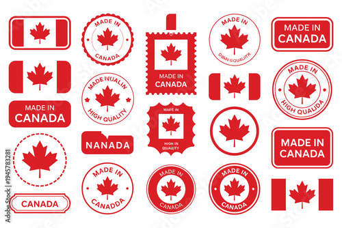 Collection of Red and White Canadian Maple Leaf 'Made in Canada' Labels and Stamps