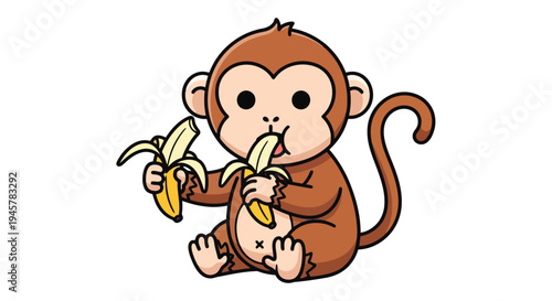 Cute cartoon monkey eating two bananas.