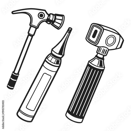 Essential ent medical examination tools: otoscope, tuning fork, headlamp