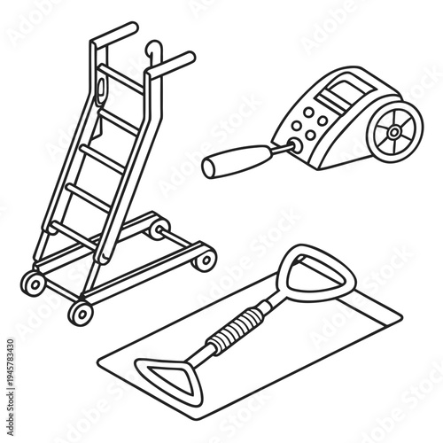 Isometric industrial and diy tools: rolling ladder, sander and scraper