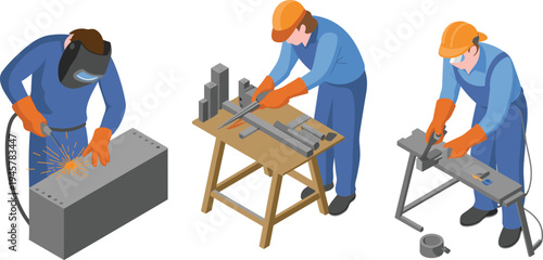 Industrial workers welding and metal fabrication, construction labor using power tools engineering manufacturing workshop isometric vector illustration