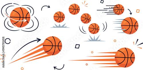 Basketball motion and action icons showing bouncing, spinning and flying balls with speed lines, dynamic sports movement vector illustration set