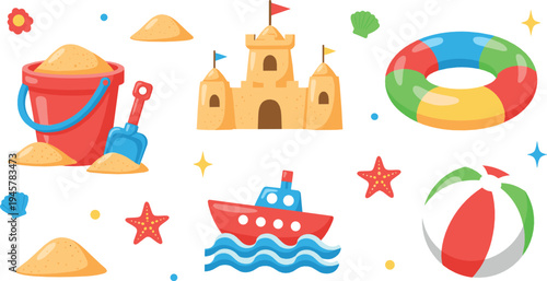 Beach toys and summer vacation elements collection with sand bucket, sandcastle, boat, beach ball, starfish and inflatable ring cartoon illustration set
