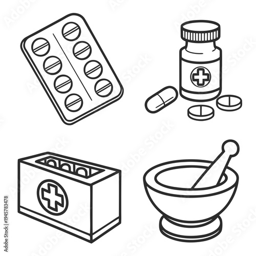 Pharmacy and medicine items: pills, bottle, box, mortar and pestle vector